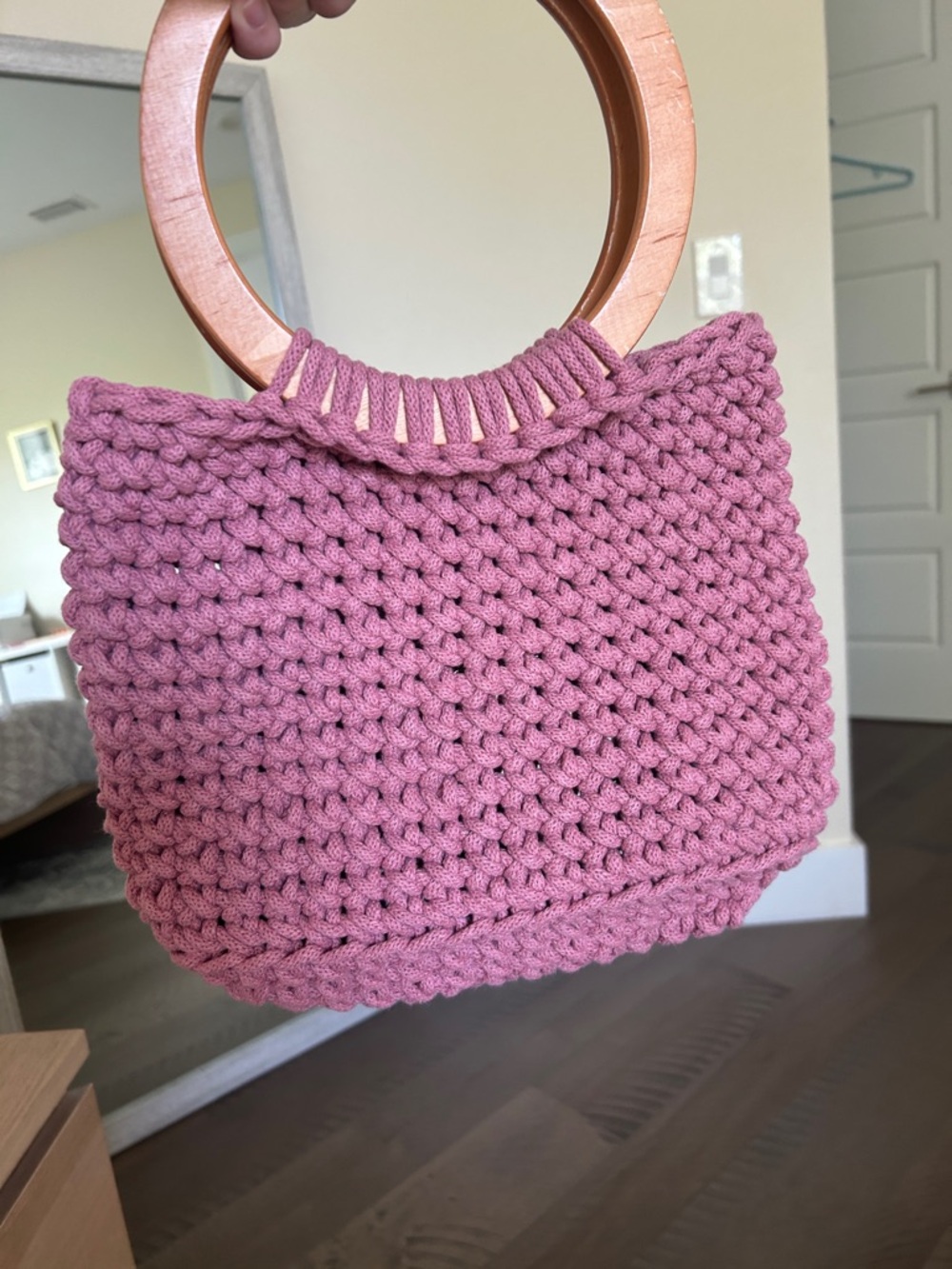 Handcrafted Pink Crochet Tote with Wooden Circle Handles